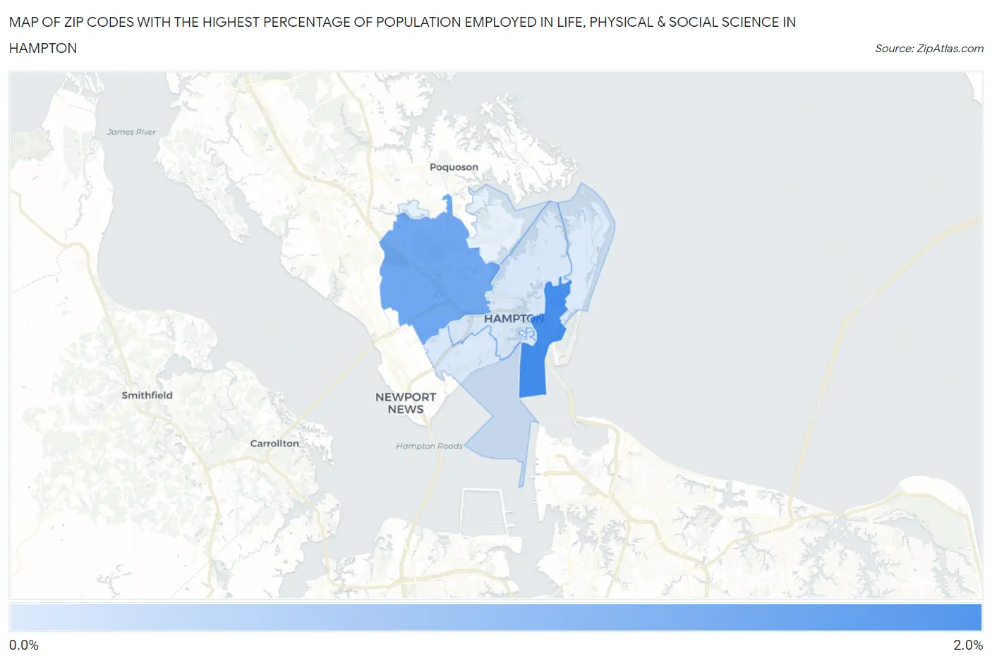 Zip Codes with the Highest Percentage of Population Employed in Life, Physical & Social Science in Hampton Map