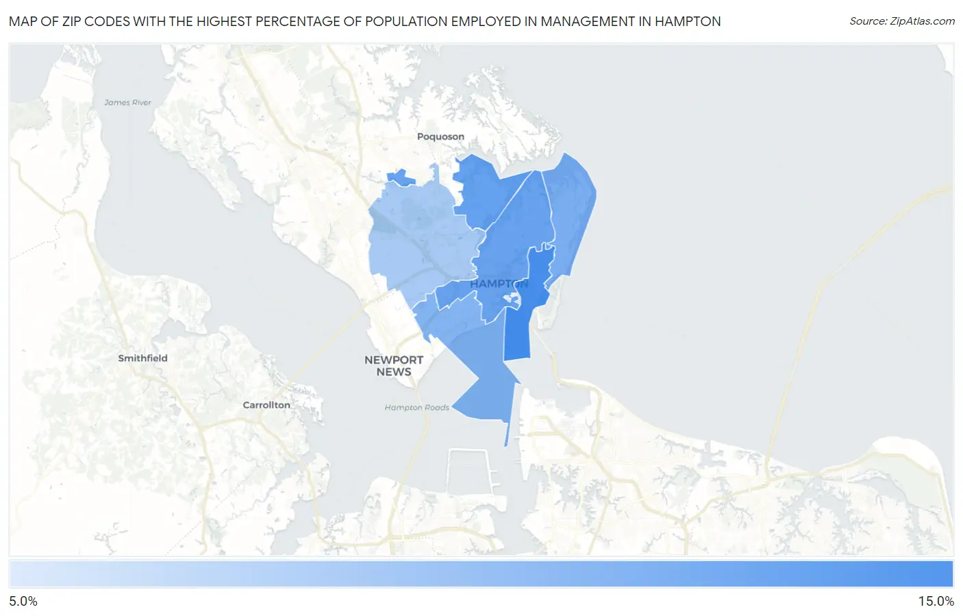 Zip Codes with the Highest Percentage of Population Employed in Management in Hampton Map