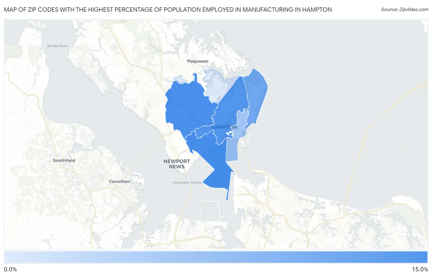 Zip Codes with the Highest Percentage of Population Employed in Manufacturing in Hampton Map