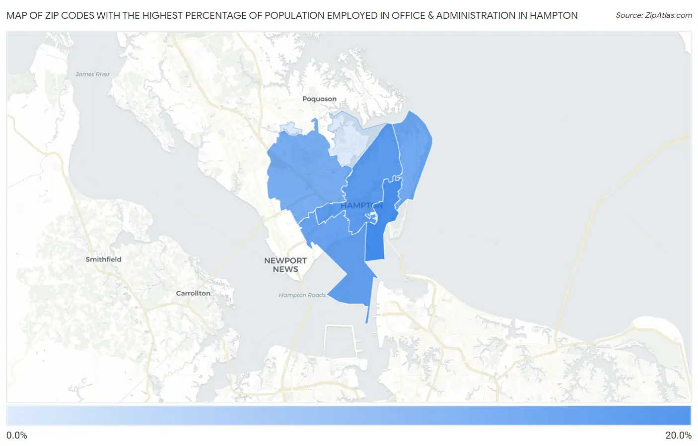 Zip Codes with the Highest Percentage of Population Employed in Office & Administration in Hampton Map