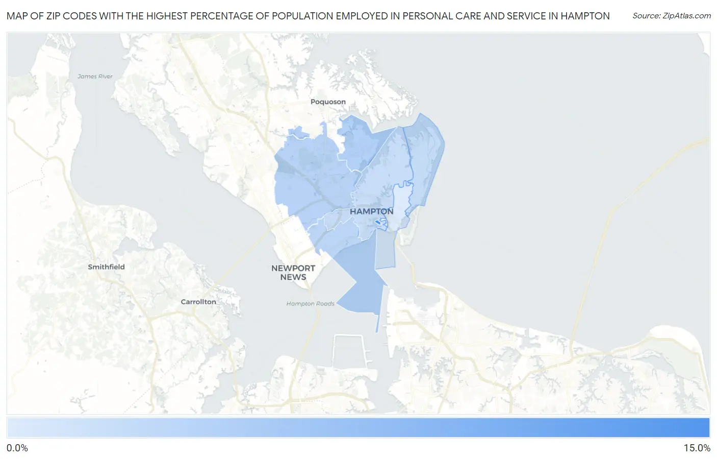 Zip Codes with the Highest Percentage of Population Employed in Personal Care and Service in Hampton Map