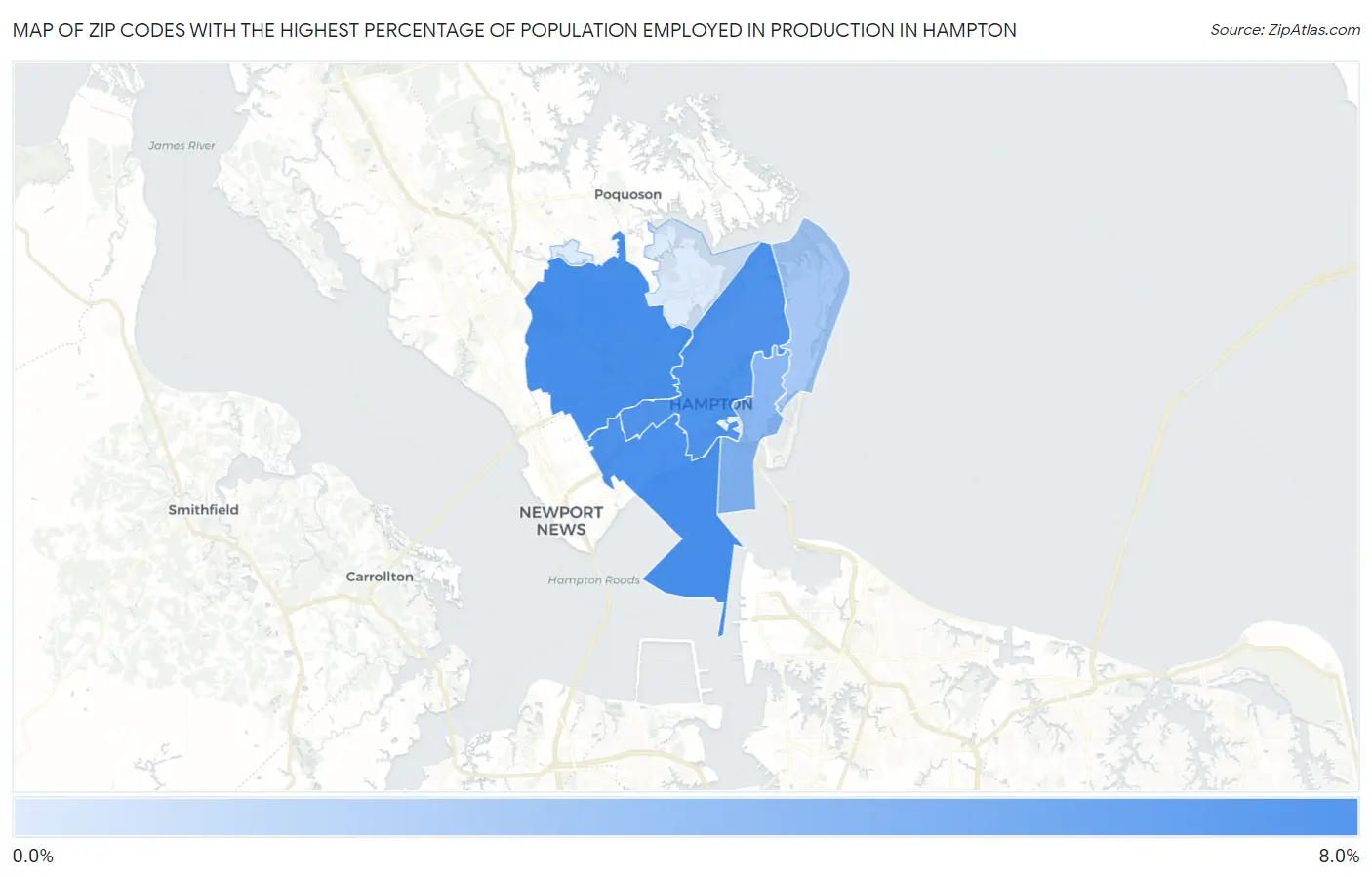 Zip Codes with the Highest Percentage of Population Employed in Production in Hampton Map