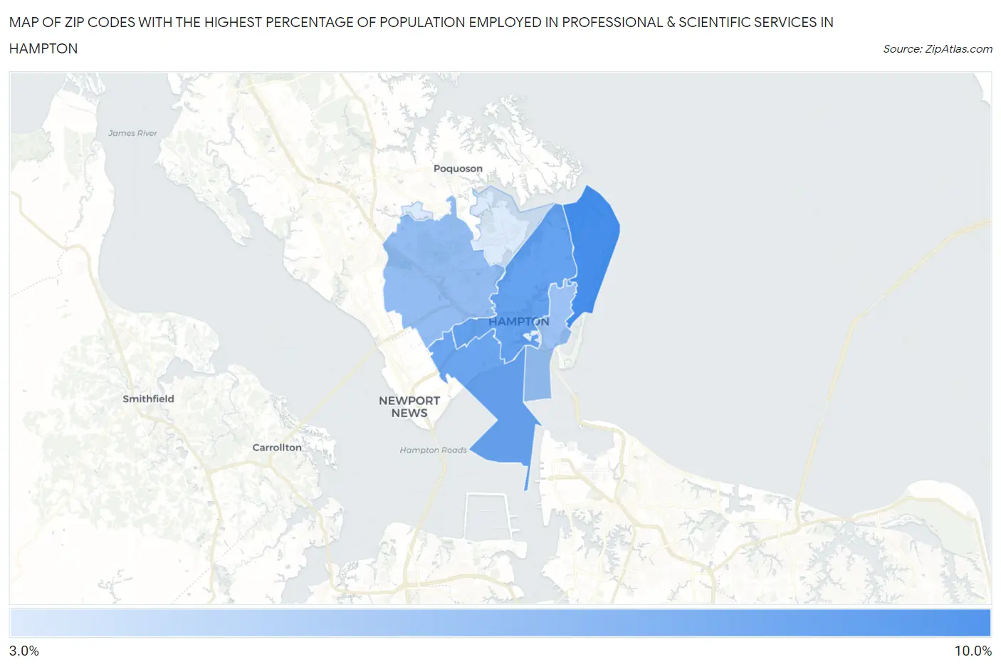 Zip Codes with the Highest Percentage of Population Employed in Professional & Scientific Services in Hampton Map