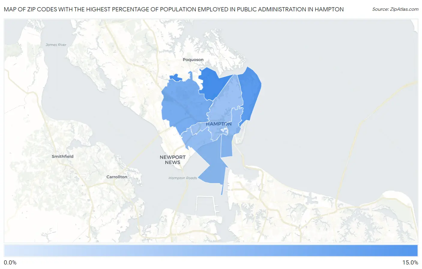 Zip Codes with the Highest Percentage of Population Employed in Public Administration in Hampton Map