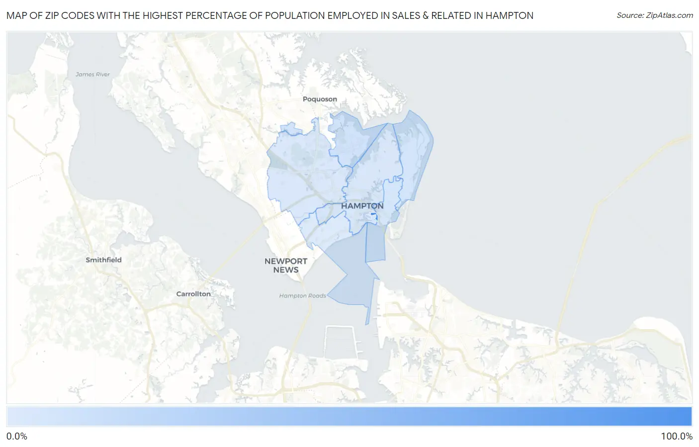 Zip Codes with the Highest Percentage of Population Employed in Sales & Related in Hampton Map