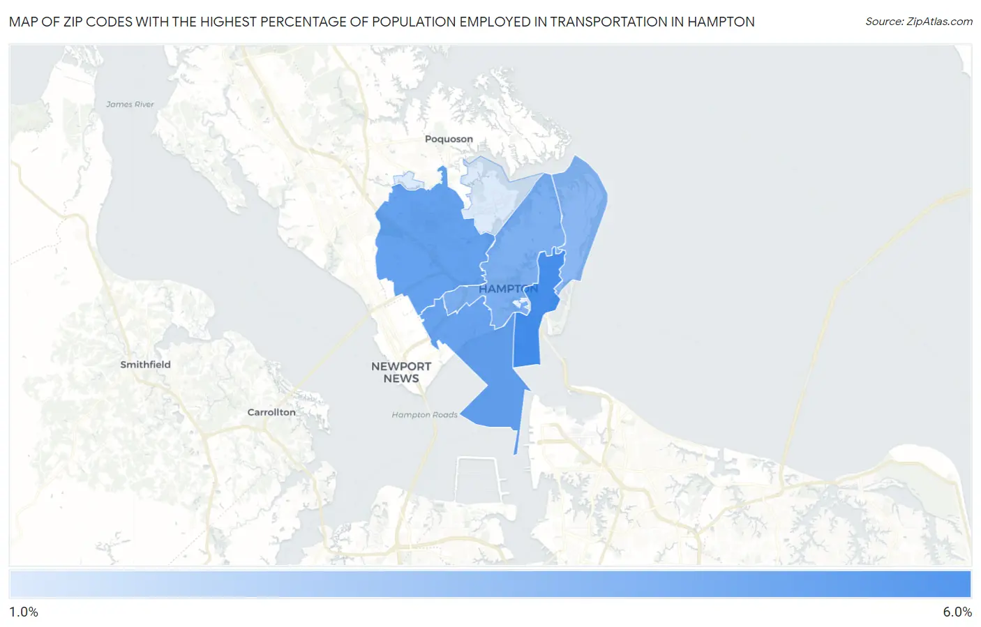 Zip Codes with the Highest Percentage of Population Employed in Transportation in Hampton Map
