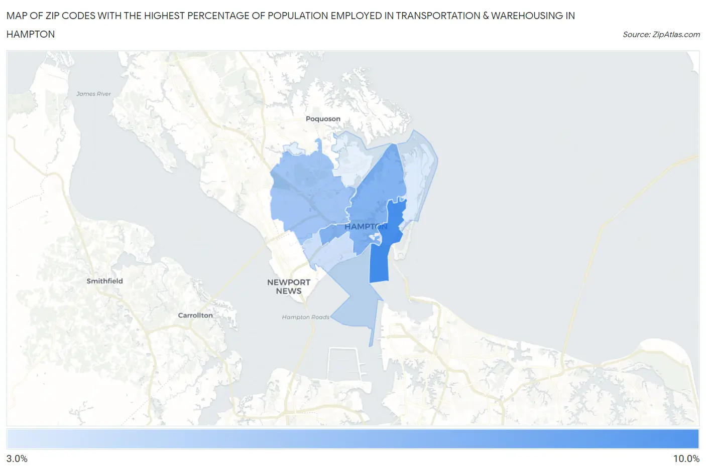 Zip Codes with the Highest Percentage of Population Employed in Transportation & Warehousing in Hampton Map