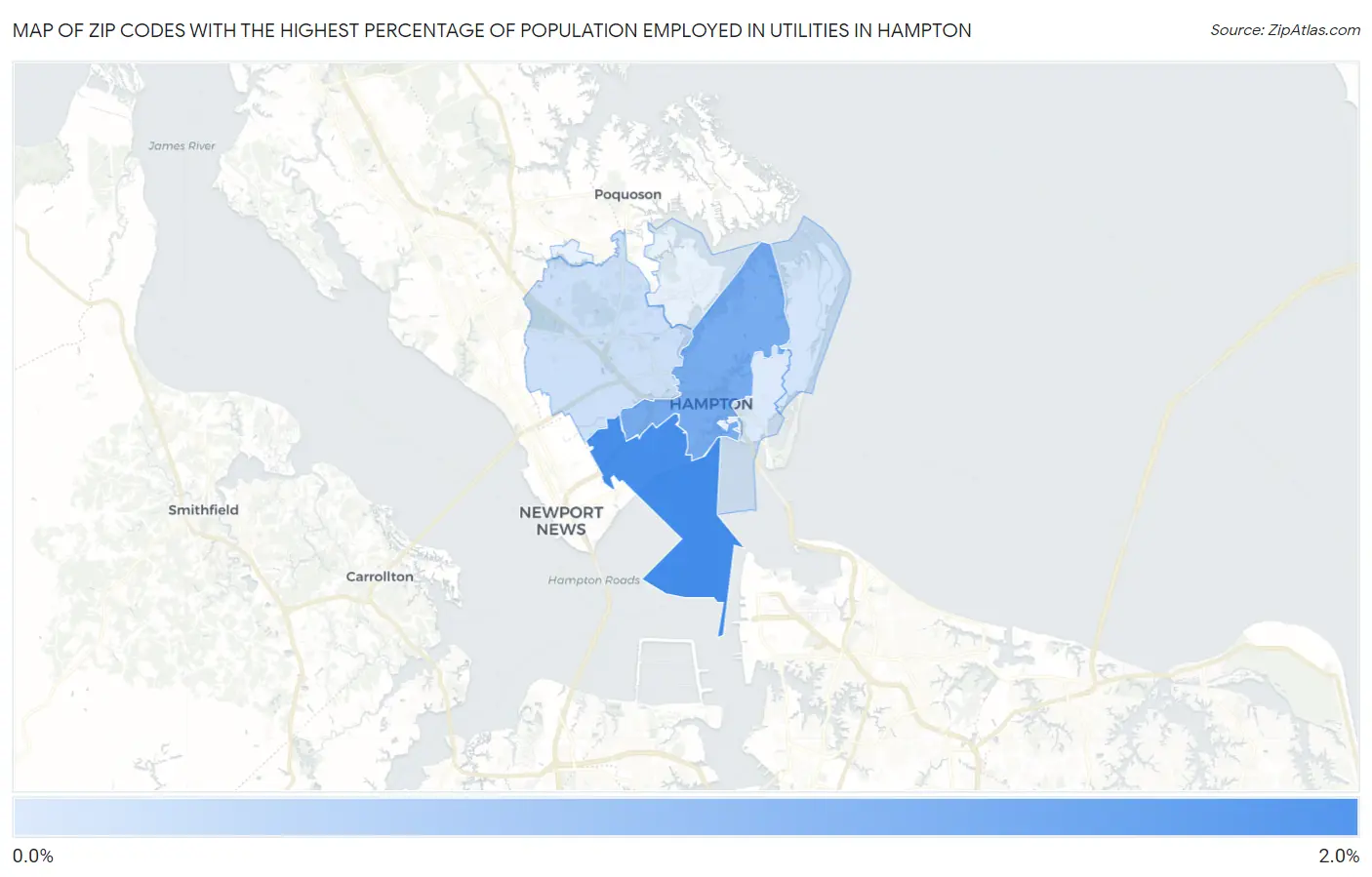 Zip Codes with the Highest Percentage of Population Employed in Utilities in Hampton Map