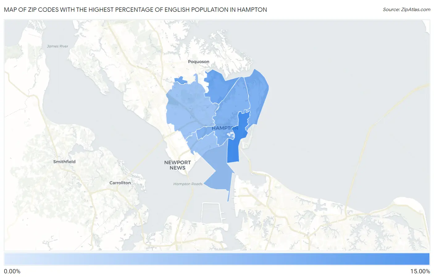 Zip Codes with the Highest Percentage of English Population in Hampton Map