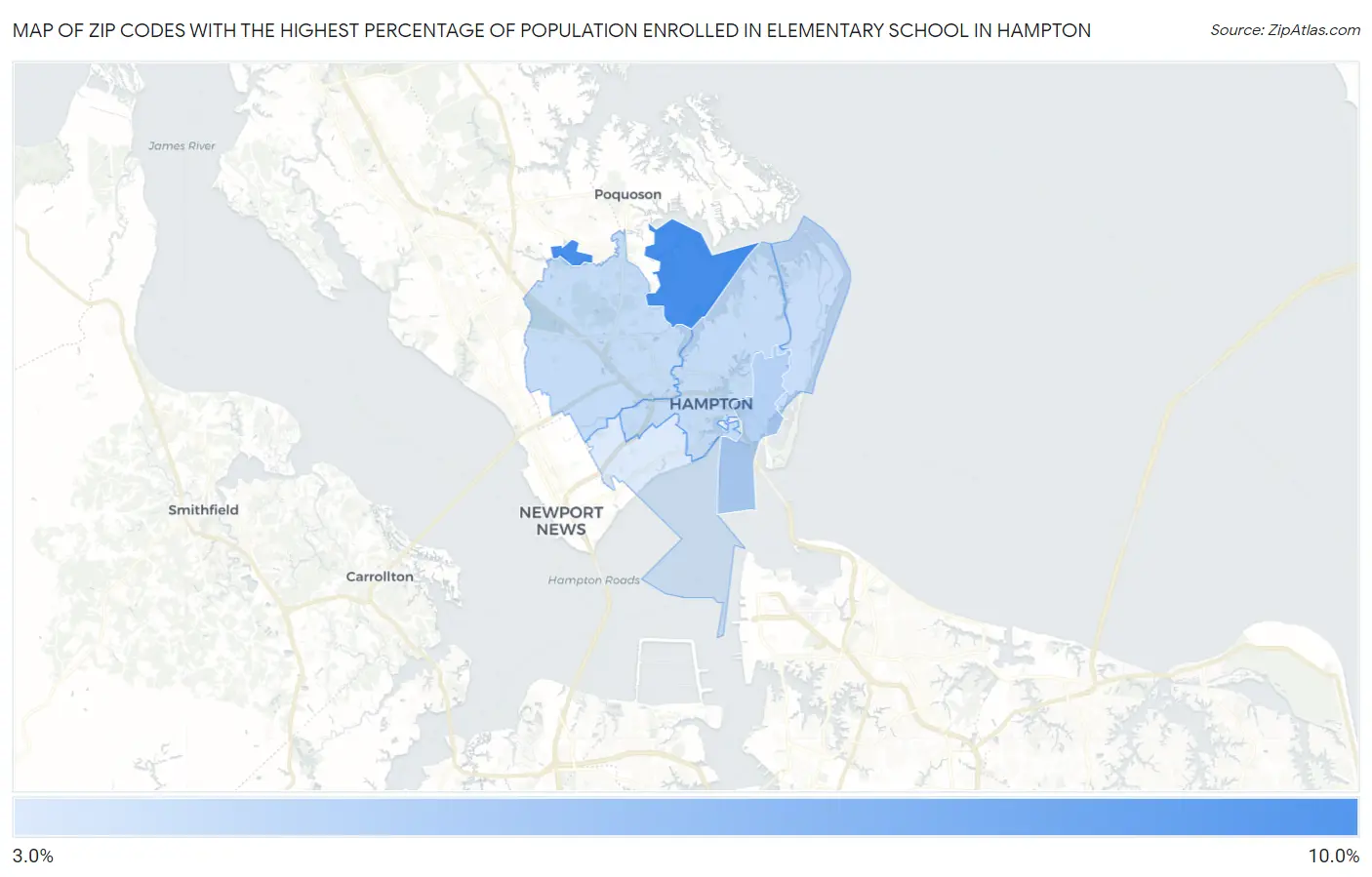 Zip Codes with the Highest Percentage of Population Enrolled in Elementary School in Hampton Map