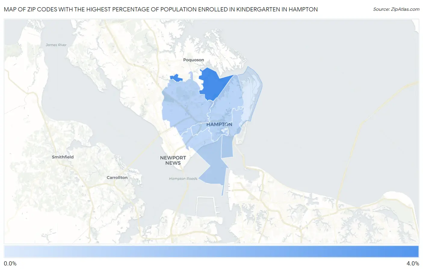 Zip Codes with the Highest Percentage of Population Enrolled in Kindergarten in Hampton Map
