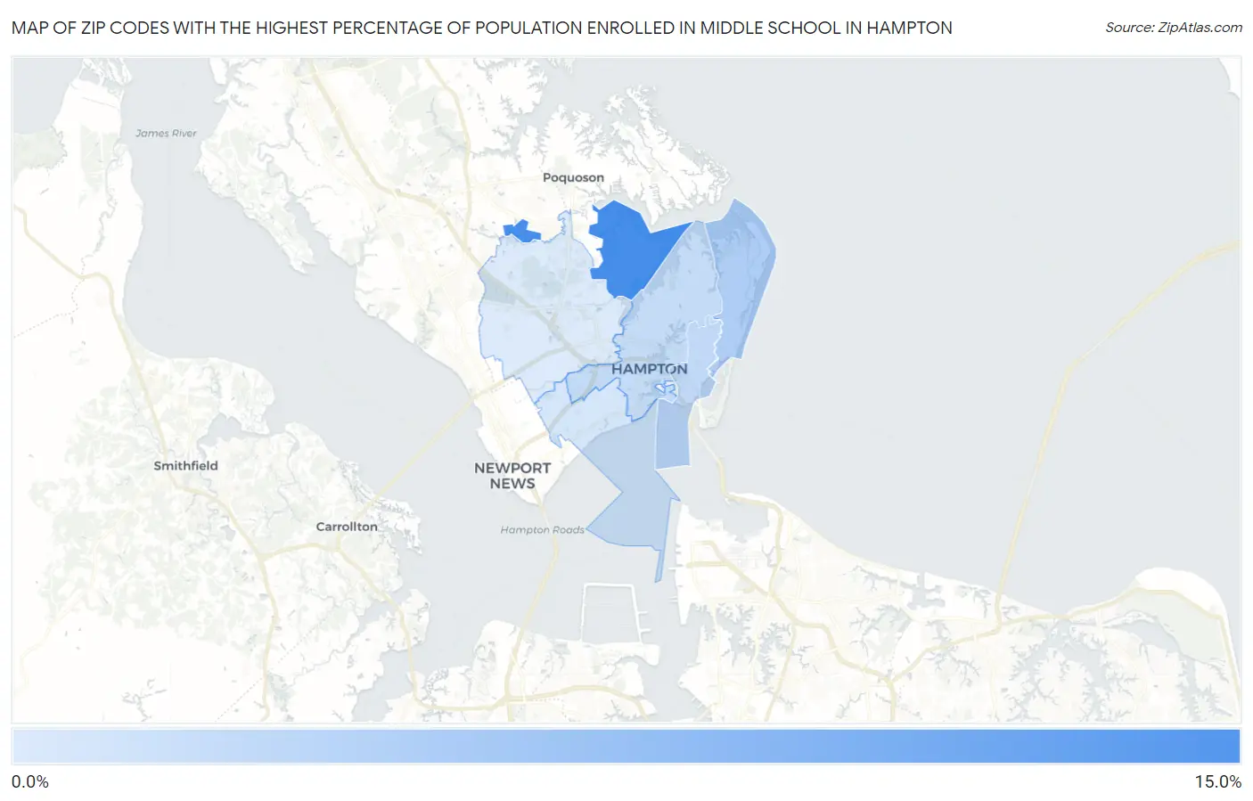 Zip Codes with the Highest Percentage of Population Enrolled in Middle School in Hampton Map