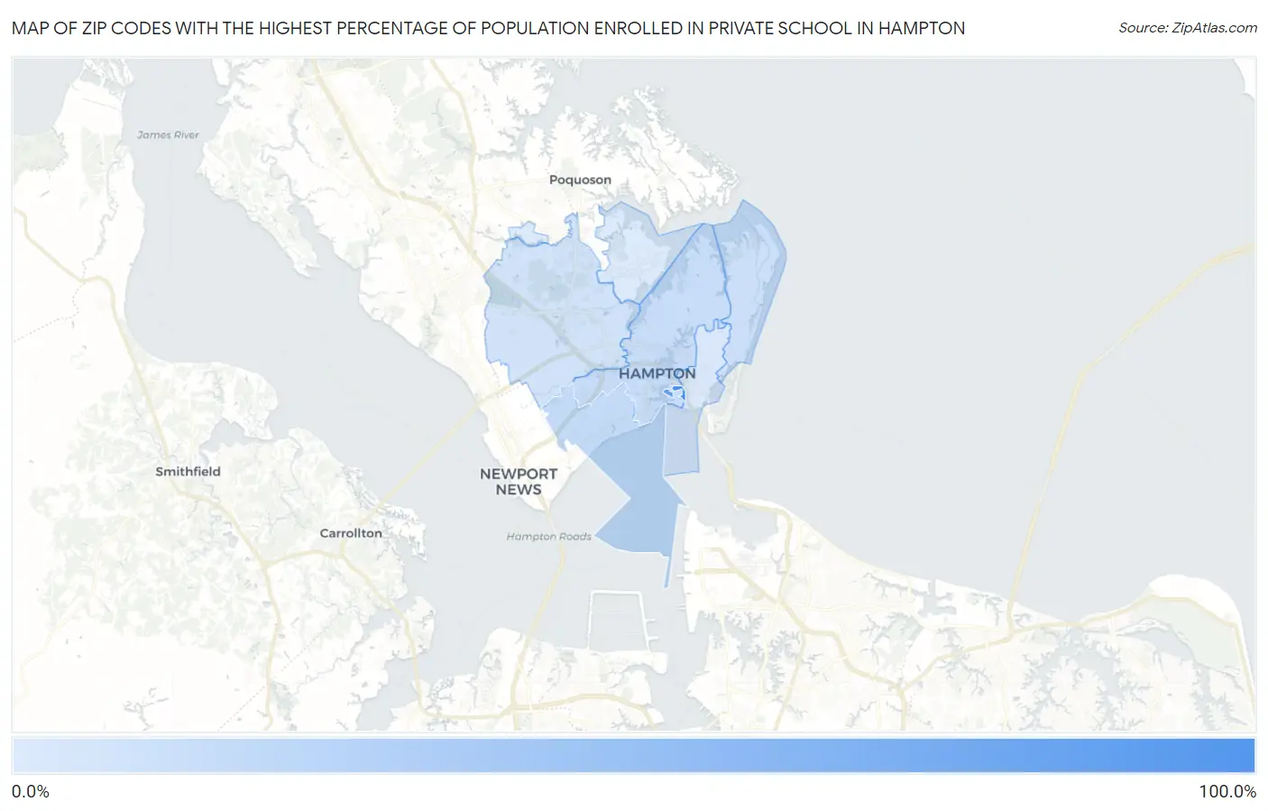 Zip Codes with the Highest Percentage of Population Enrolled in Private School in Hampton Map