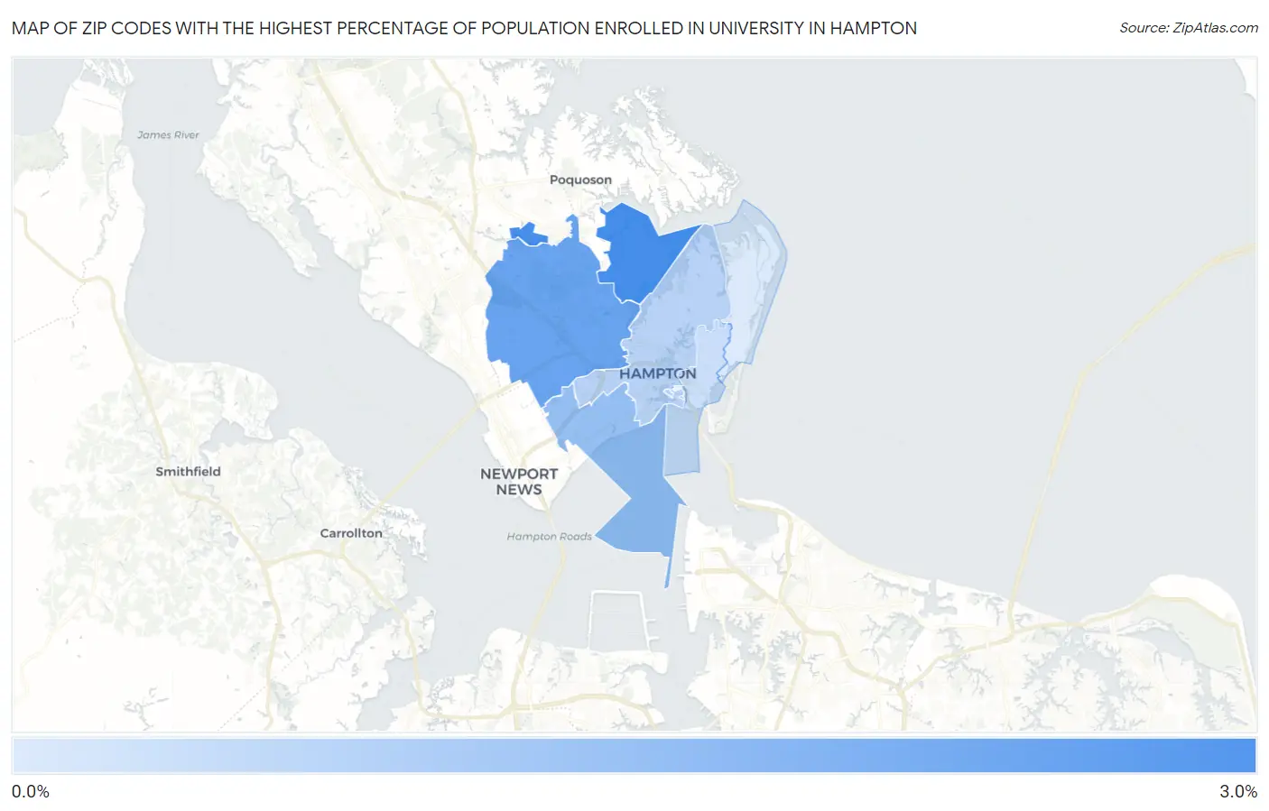 Zip Codes with the Highest Percentage of Population Enrolled in University in Hampton Map
