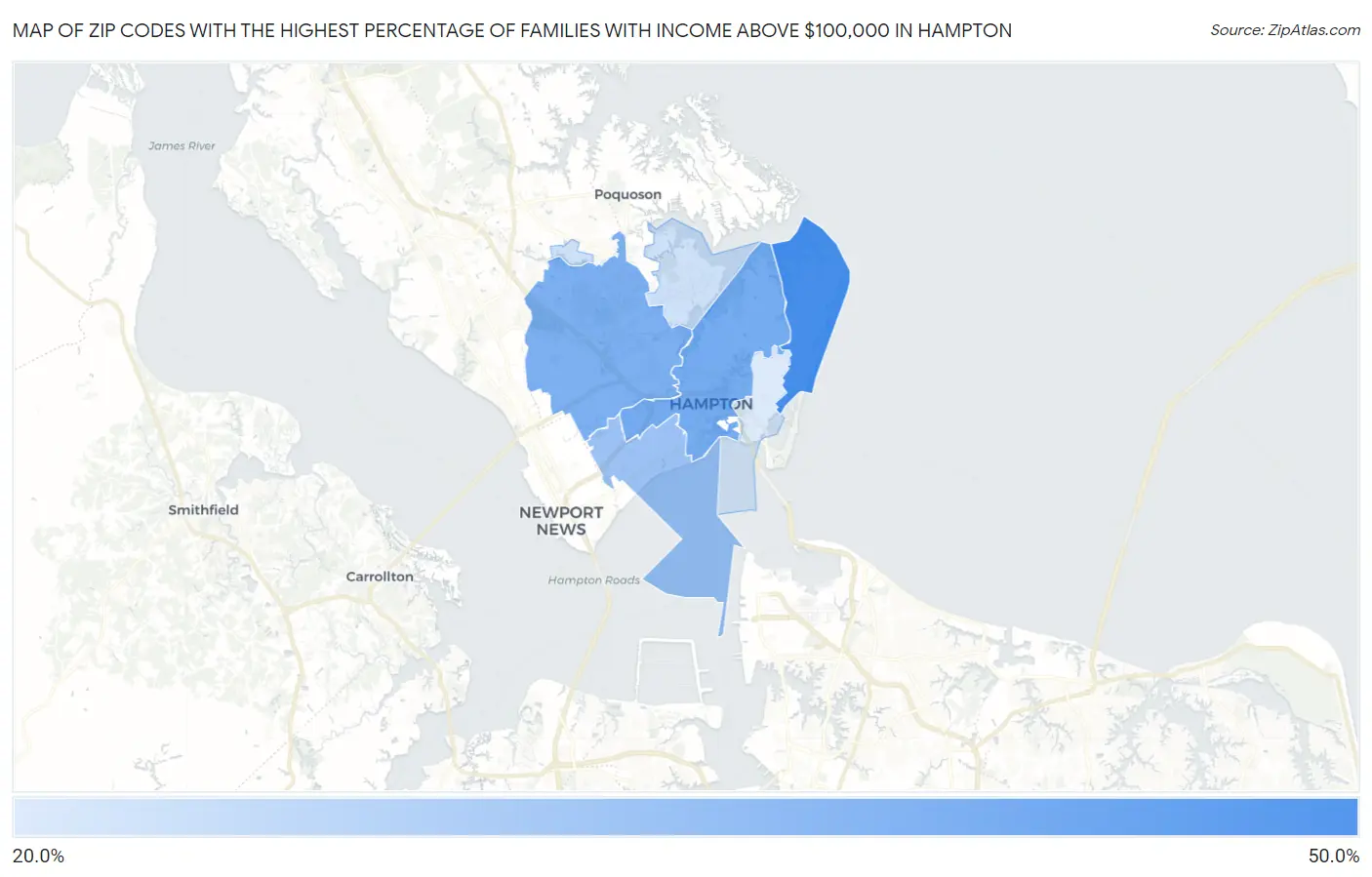 Zip Codes with the Highest Percentage of Families with Income Above $100,000 in Hampton Map