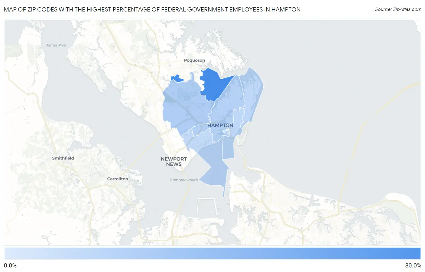 Zip Codes with the Highest Percentage of Federal Government Employees in Hampton Map
