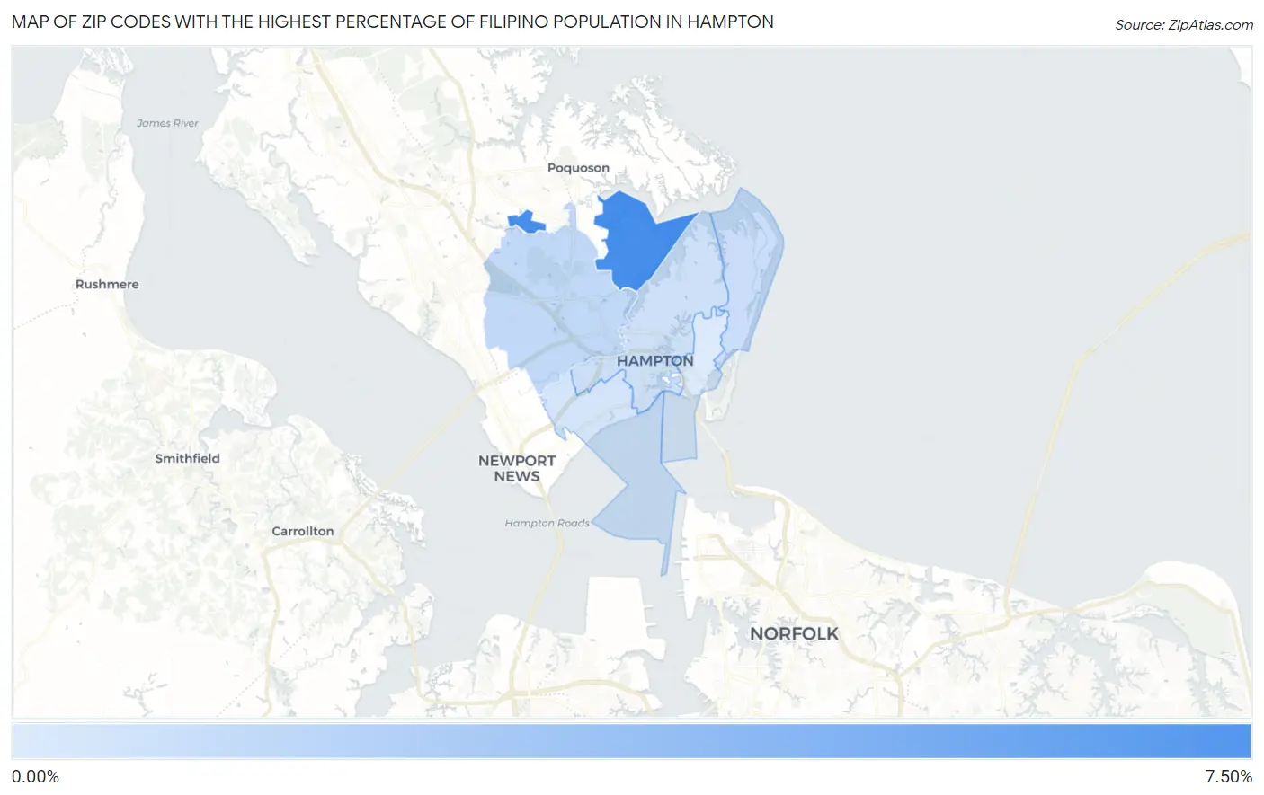 Zip Codes with the Highest Percentage of Filipino Population in Hampton Map