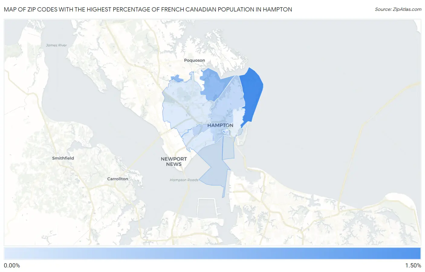 Zip Codes with the Highest Percentage of French Canadian Population in Hampton Map