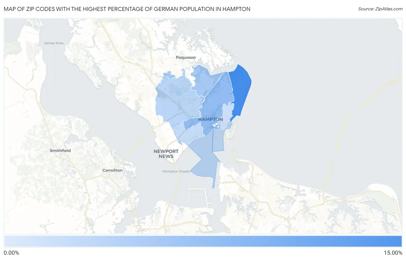 Zip Codes with the Highest Percentage of German Population in Hampton Map