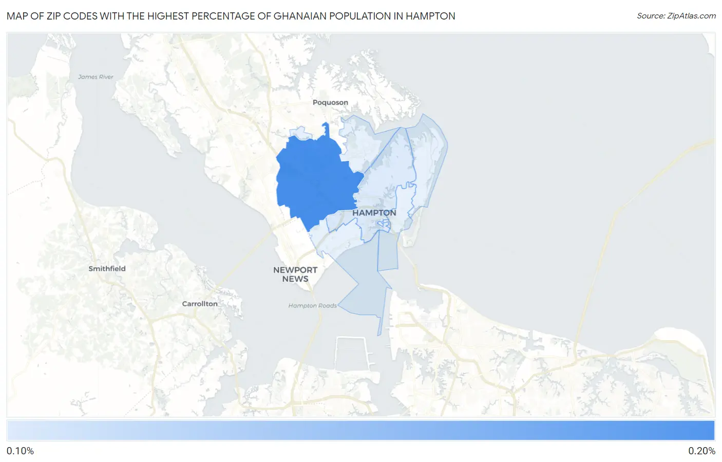 Zip Codes with the Highest Percentage of Ghanaian Population in Hampton Map