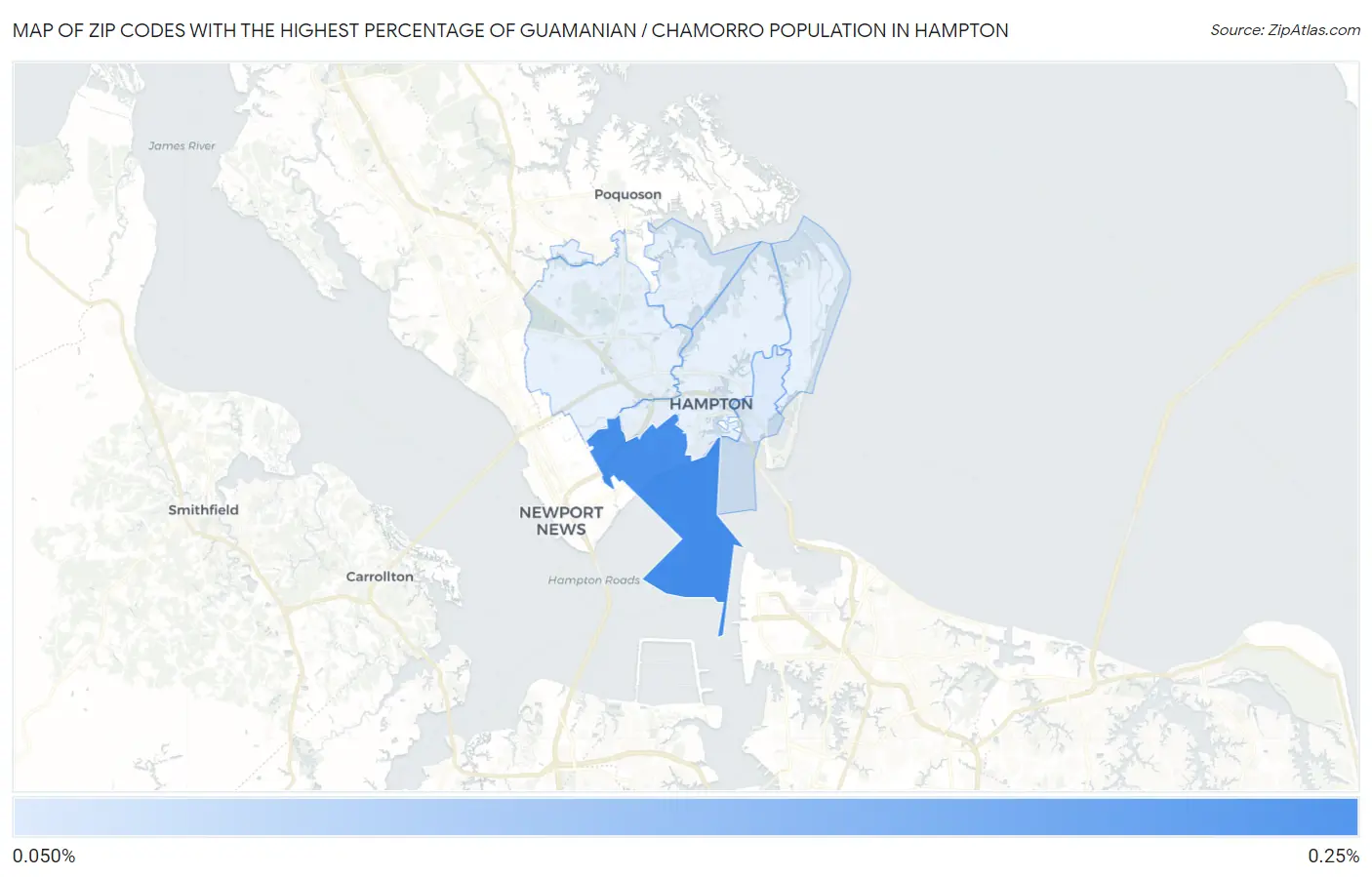 Zip Codes with the Highest Percentage of Guamanian / Chamorro Population in Hampton Map