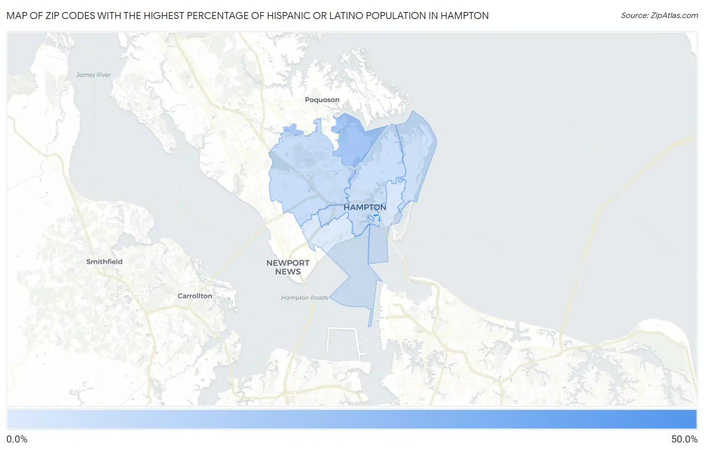 Zip Codes with the Highest Percentage of Hispanic or Latino Population in Hampton Map