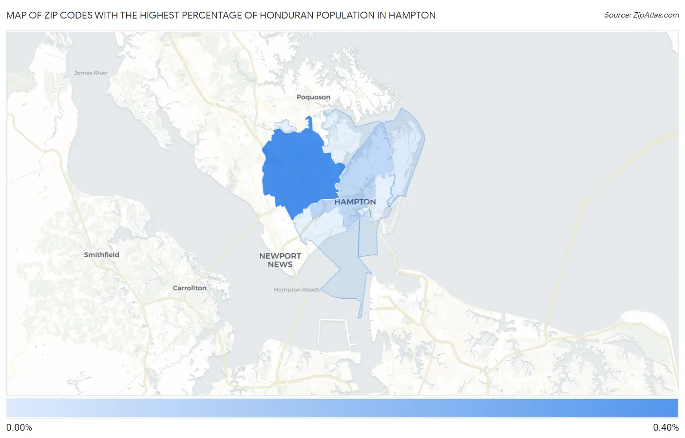 Zip Codes with the Highest Percentage of Honduran Population in Hampton Map