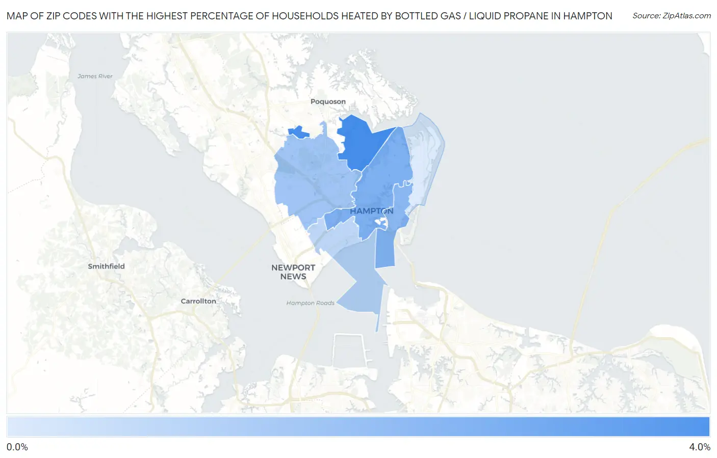 Zip Codes with the Highest Percentage of Households Heated by Bottled Gas / Liquid Propane in Hampton Map