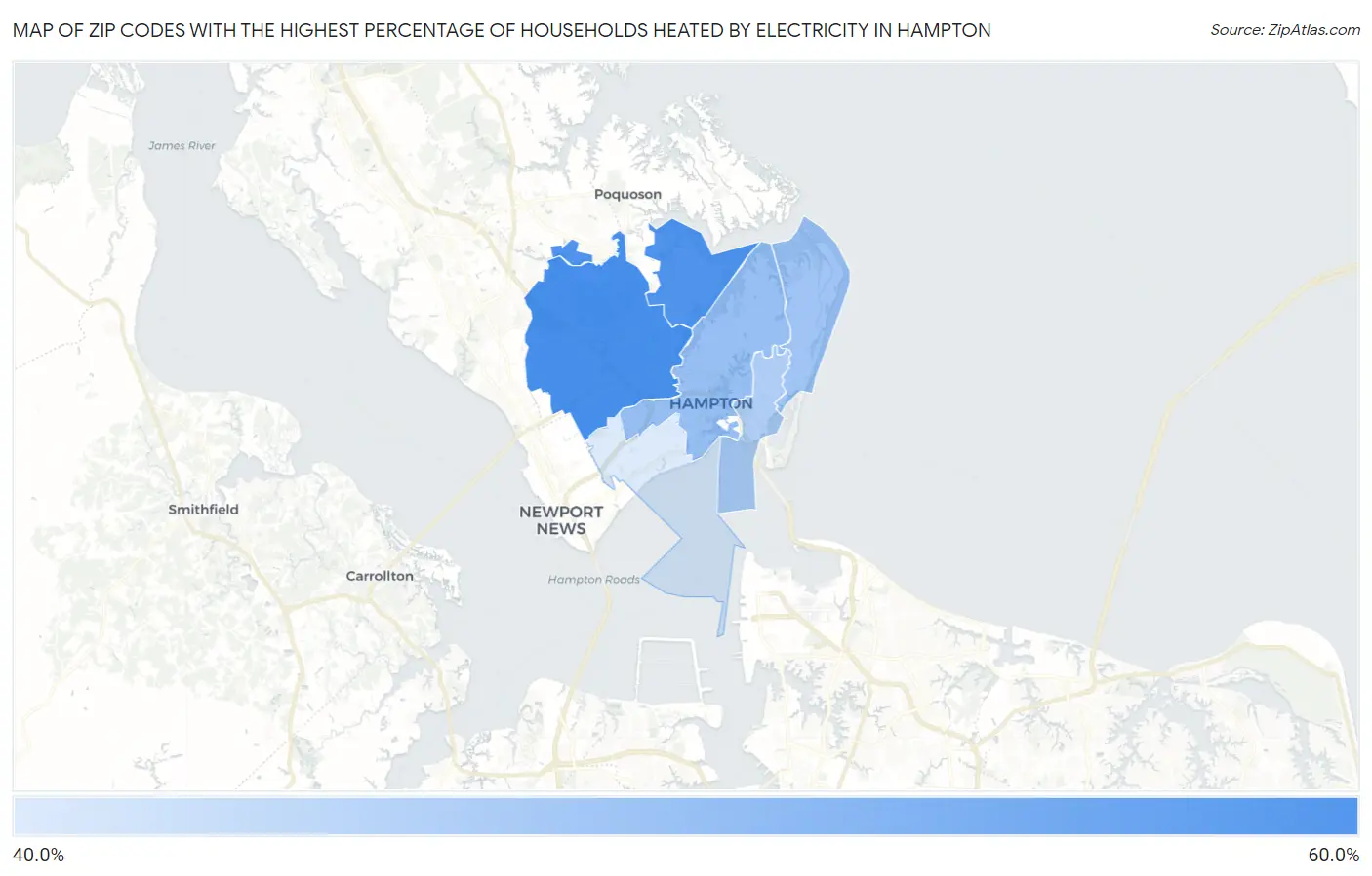 Zip Codes with the Highest Percentage of Households Heated by Electricity in Hampton Map