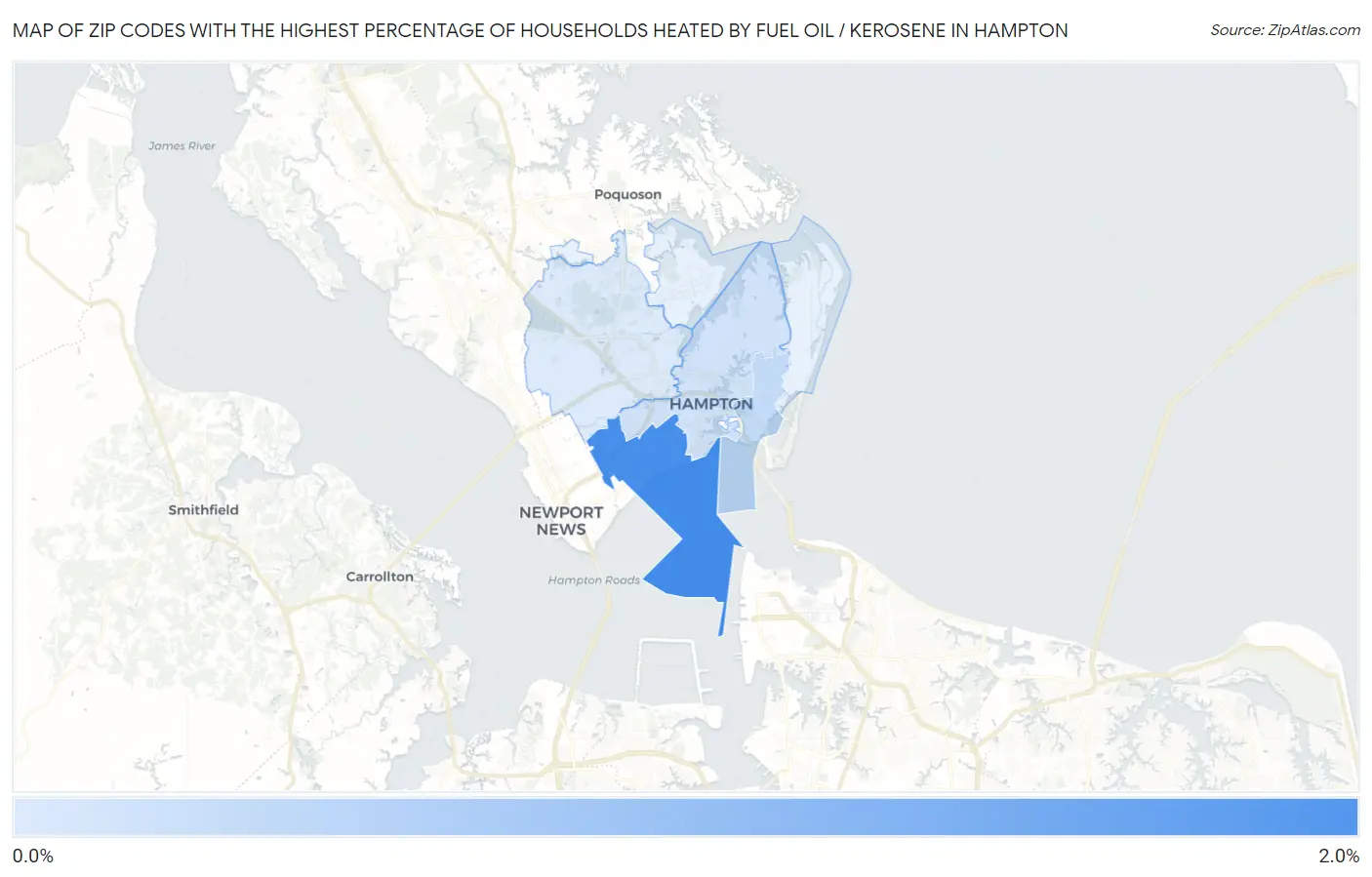Zip Codes with the Highest Percentage of Households Heated by Fuel Oil / Kerosene in Hampton Map