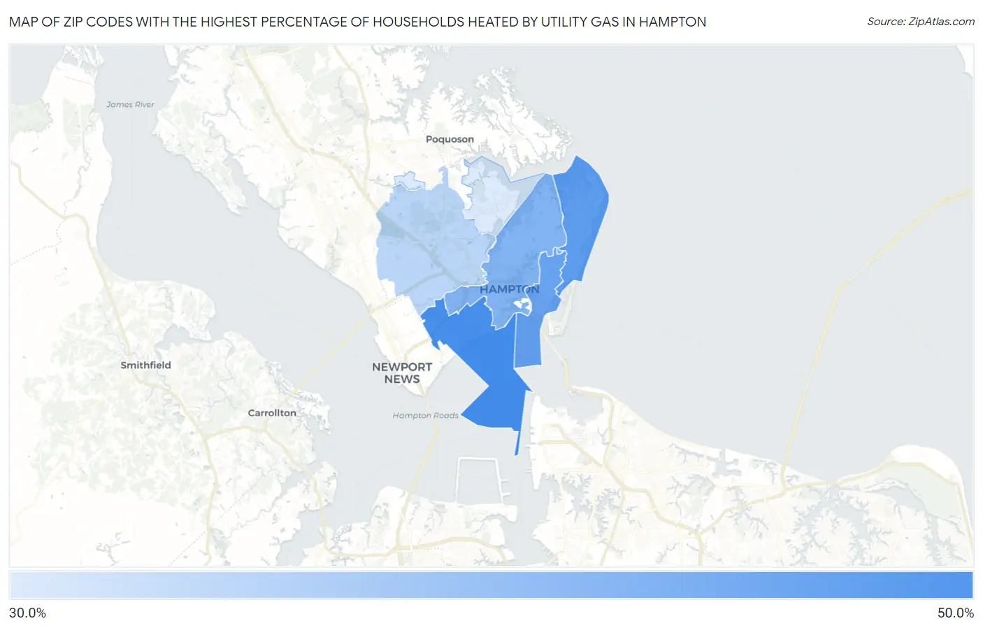 Zip Codes with the Highest Percentage of Households Heated by Utility Gas in Hampton Map
