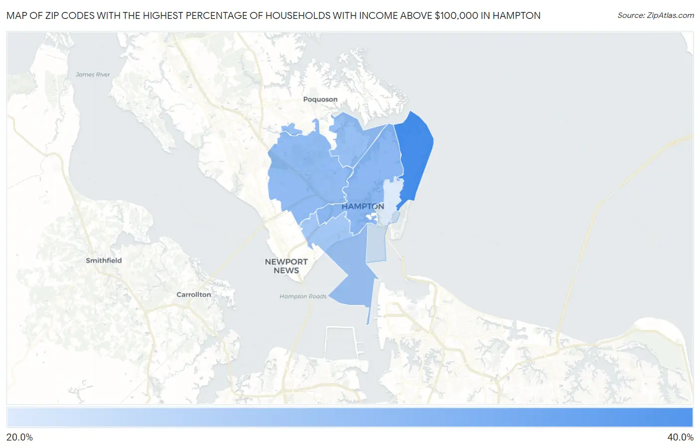 Zip Codes with the Highest Percentage of Households with Income Above $100,000 in Hampton Map