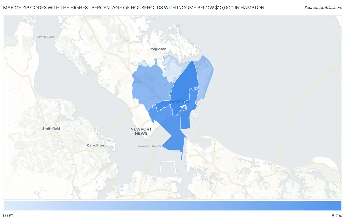 Zip Codes with the Highest Percentage of Households with Income Below $10,000 in Hampton Map