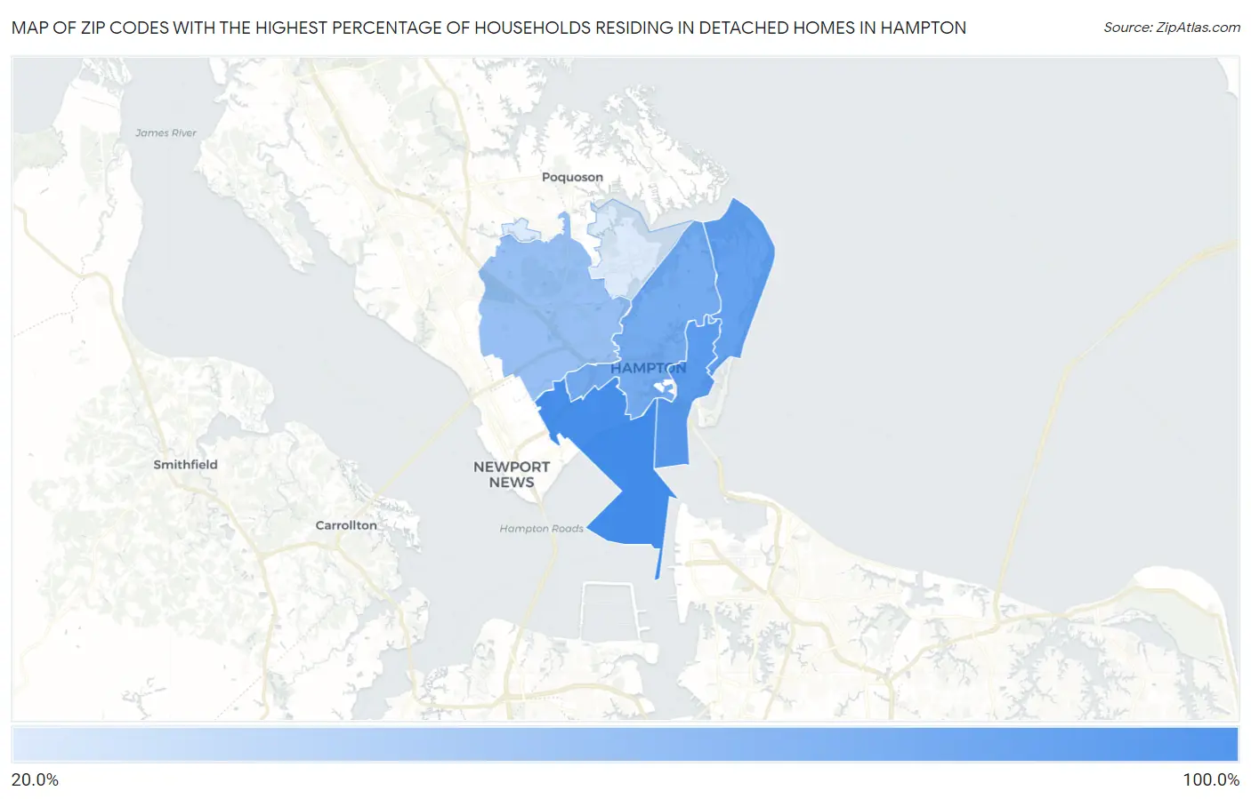 Zip Codes with the Highest Percentage of Households Residing in Detached Homes in Hampton Map