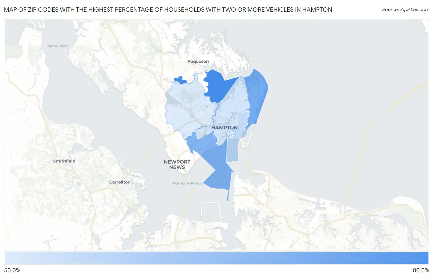 Zip Codes with the Highest Percentage of Households With Two or more Vehicles in Hampton Map