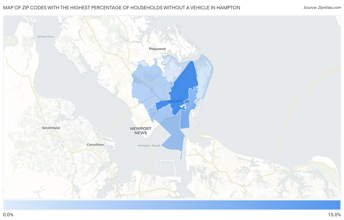 Zip Codes with the Highest Percentage of Households Without a Vehicle in Hampton Map