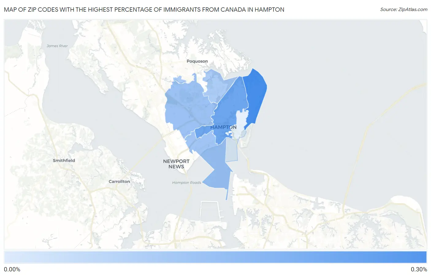 Zip Codes with the Highest Percentage of Immigrants from Canada in Hampton Map