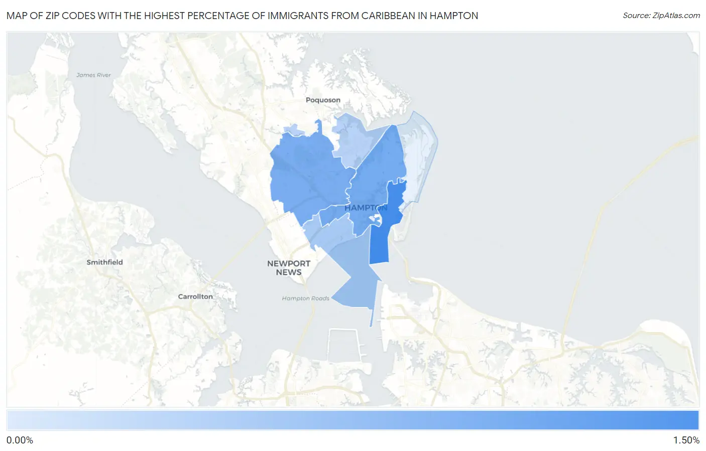 Zip Codes with the Highest Percentage of Immigrants from Caribbean in Hampton Map