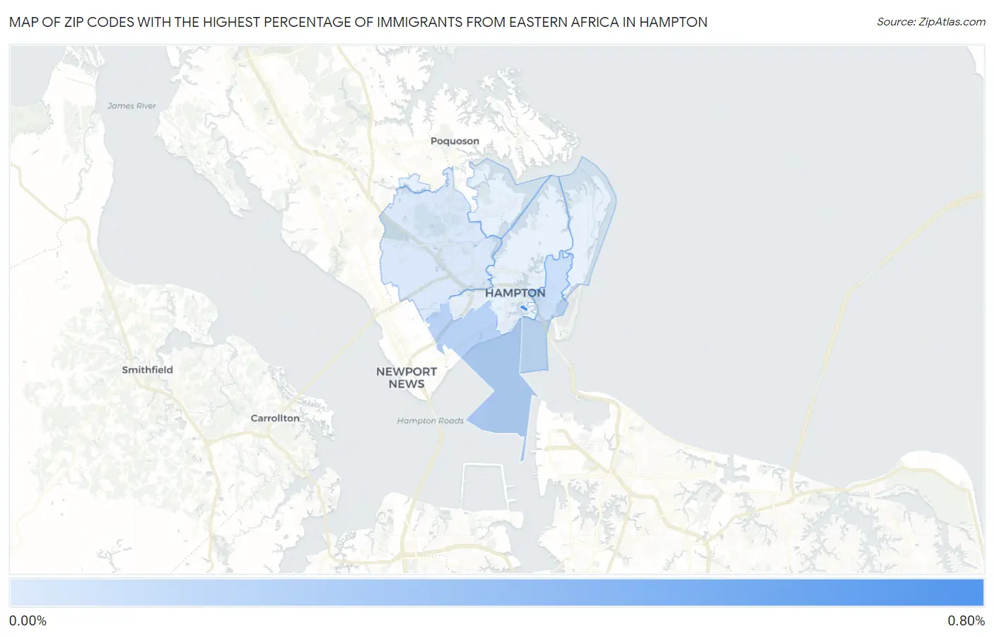 Zip Codes with the Highest Percentage of Immigrants from Eastern Africa in Hampton Map
