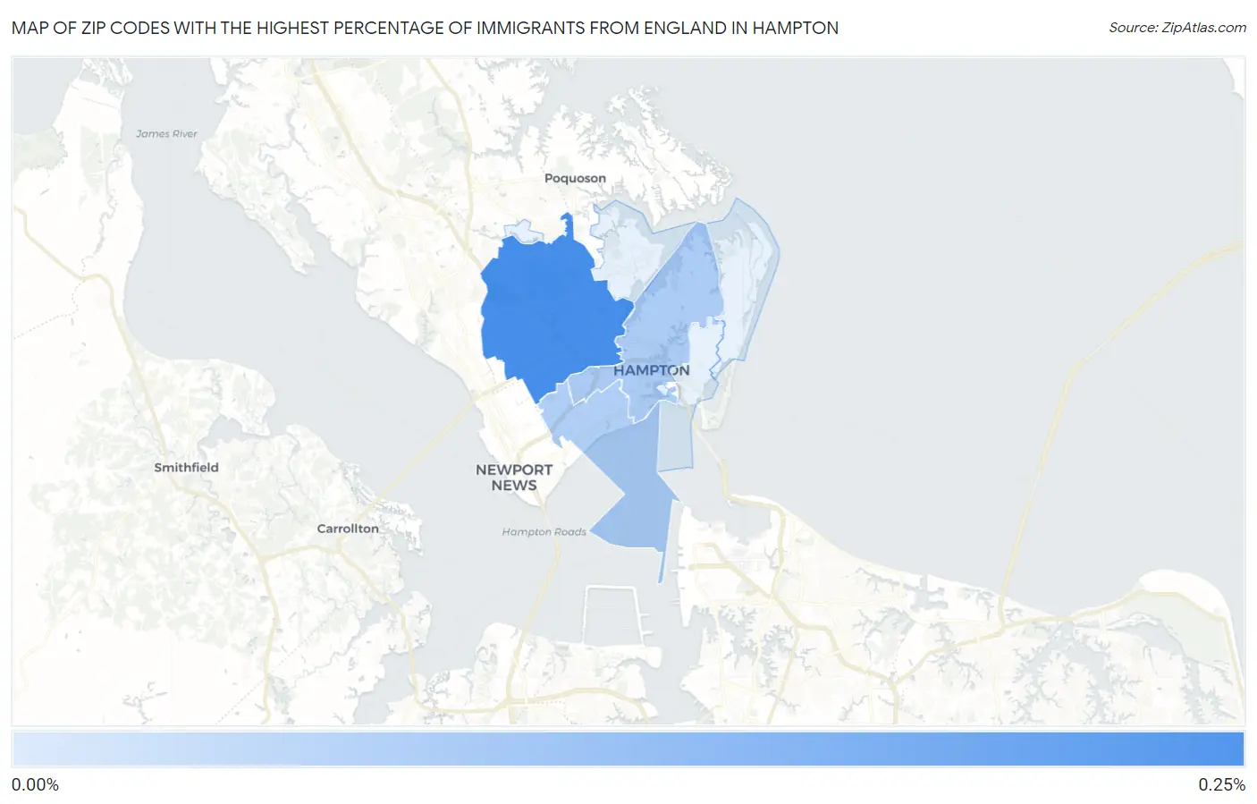 Zip Codes with the Highest Percentage of Immigrants from England in Hampton Map