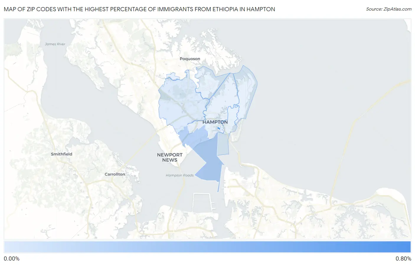 Zip Codes with the Highest Percentage of Immigrants from Ethiopia in Hampton Map