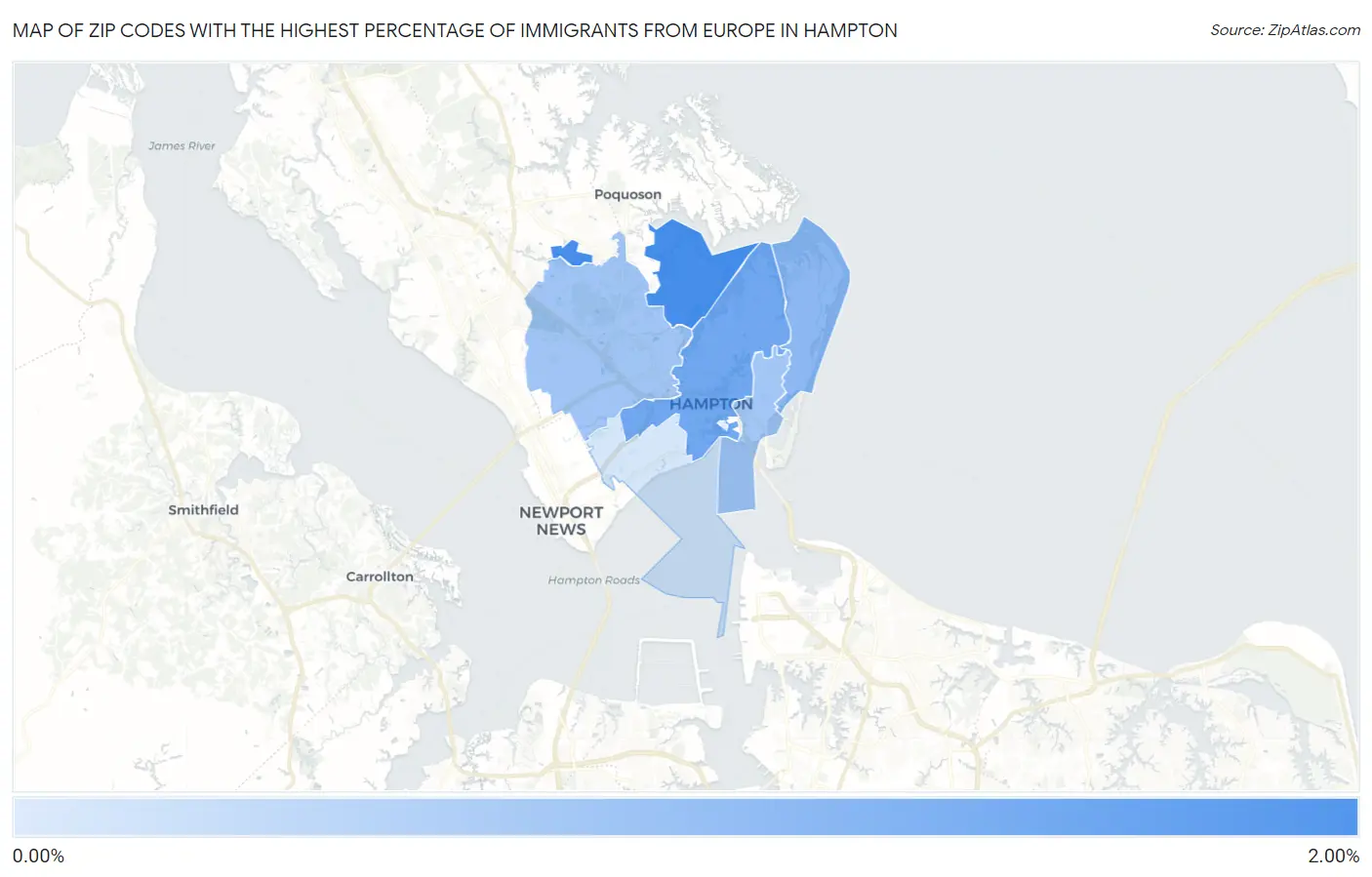 Zip Codes with the Highest Percentage of Immigrants from Europe in Hampton Map