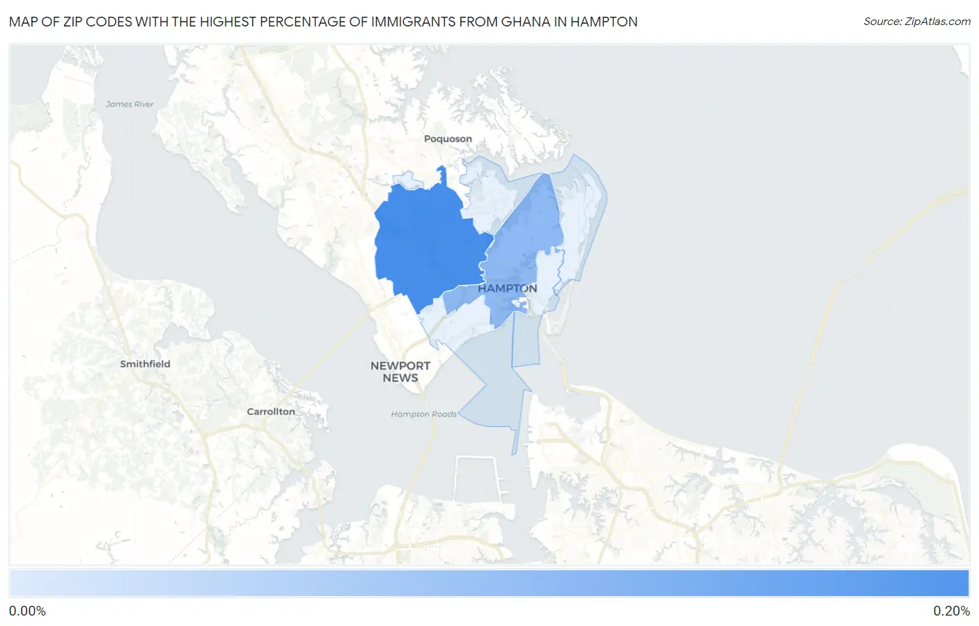 Zip Codes with the Highest Percentage of Immigrants from Ghana in Hampton Map
