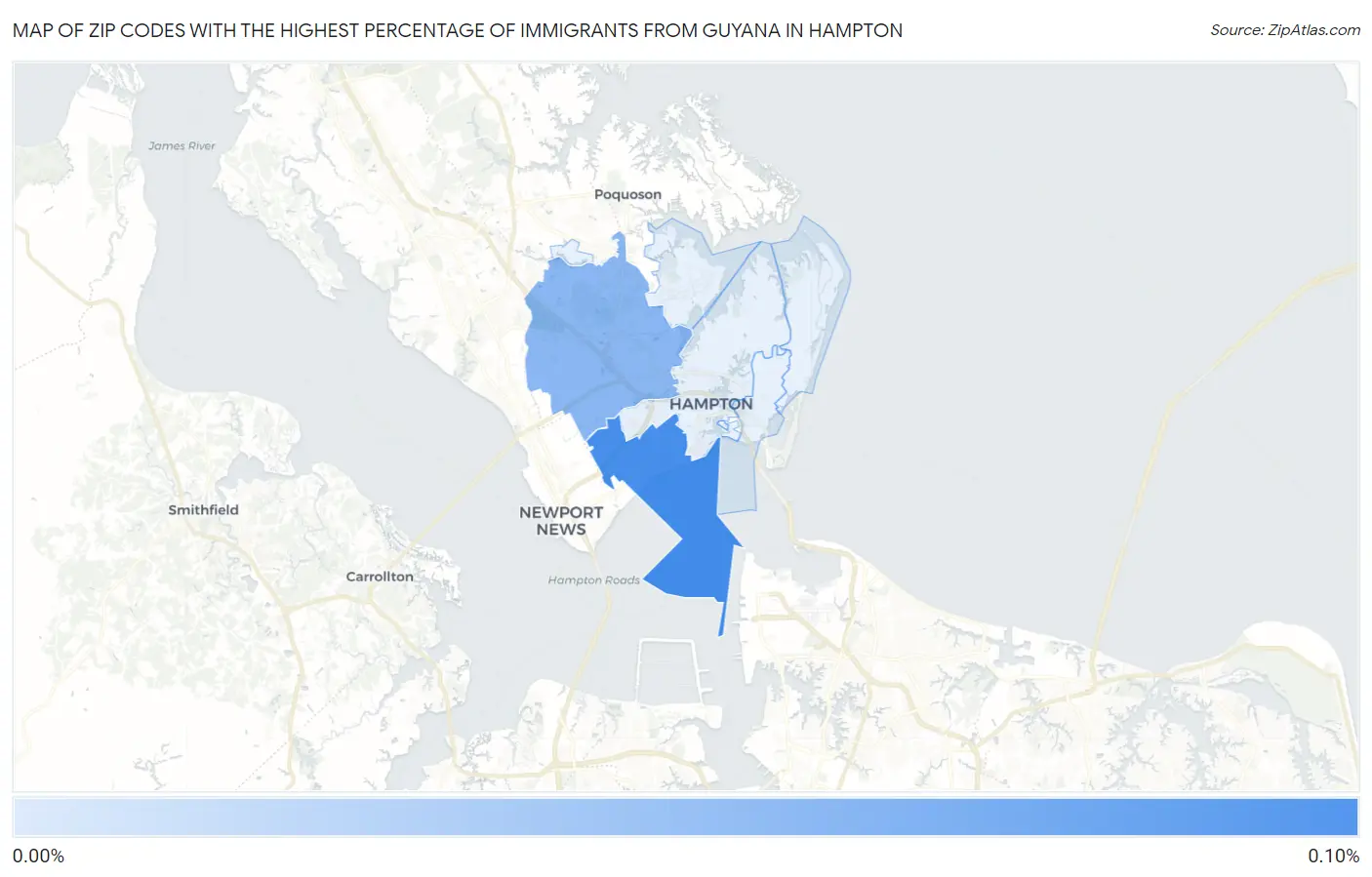 Zip Codes with the Highest Percentage of Immigrants from Guyana in Hampton Map