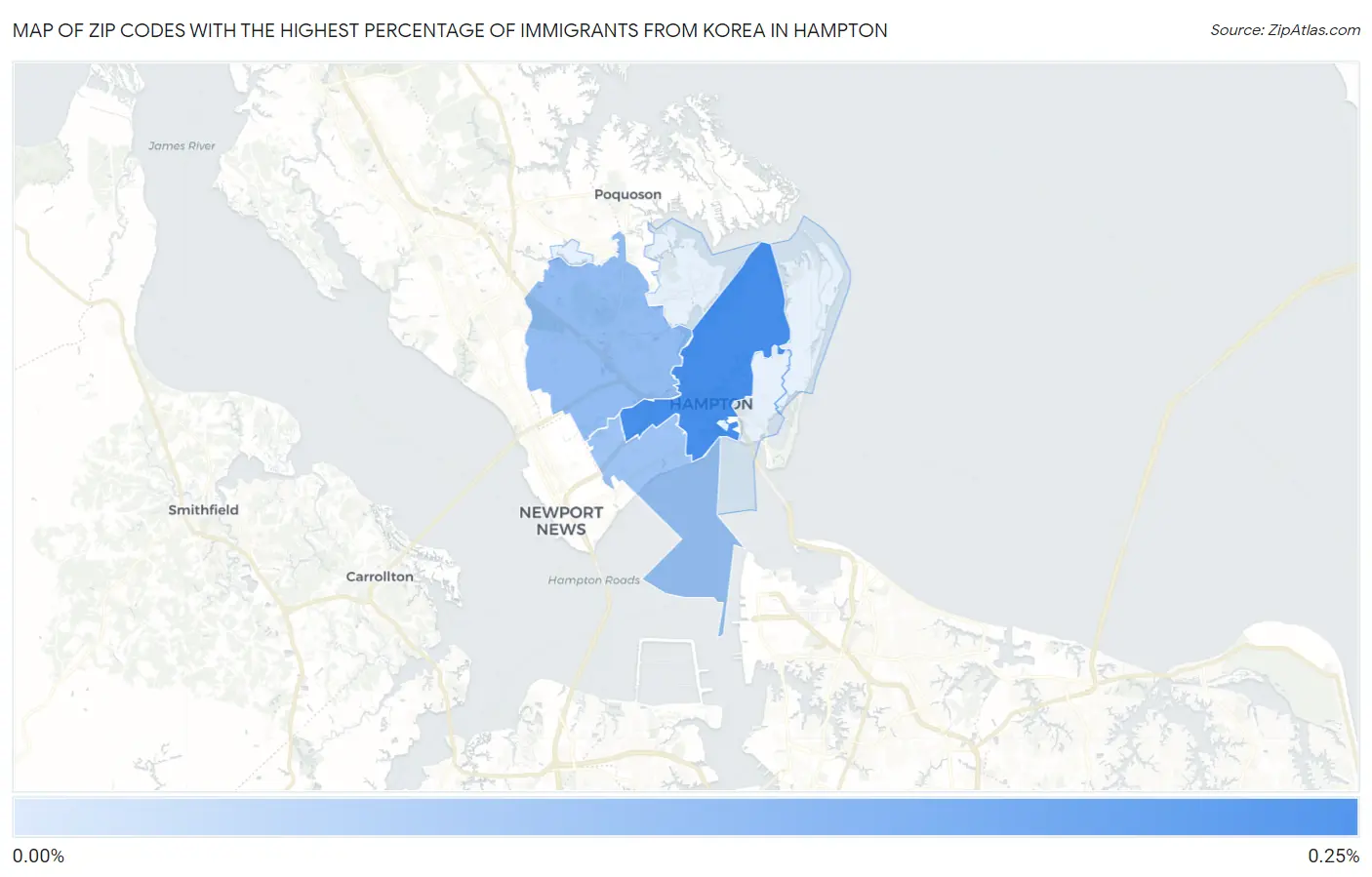 Zip Codes with the Highest Percentage of Immigrants from Korea in Hampton Map