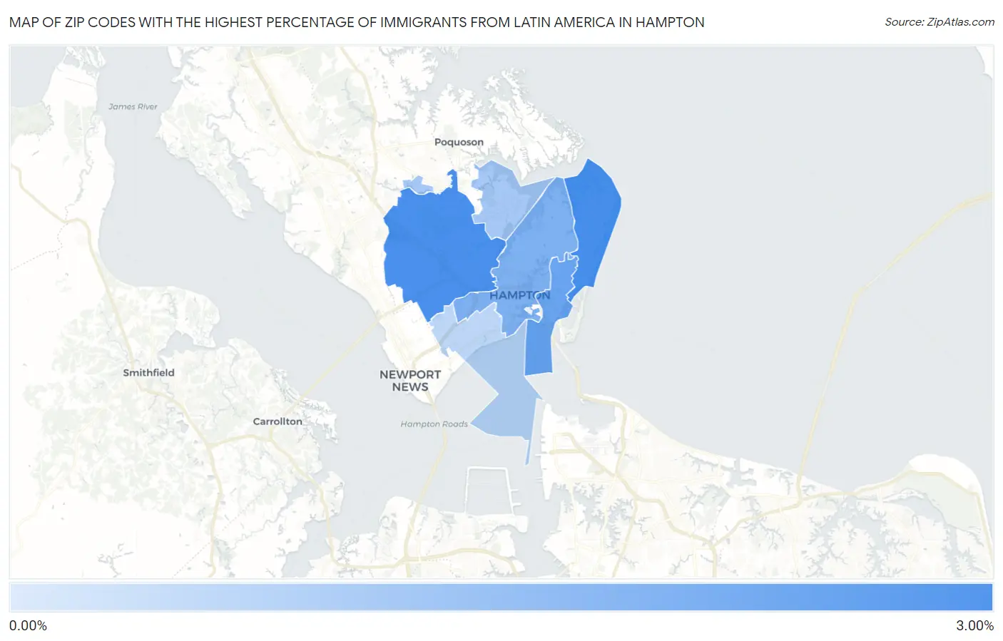 Zip Codes with the Highest Percentage of Immigrants from Latin America in Hampton Map