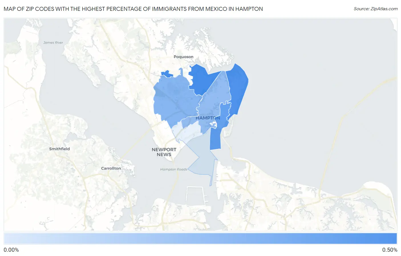 Zip Codes with the Highest Percentage of Immigrants from Mexico in Hampton Map