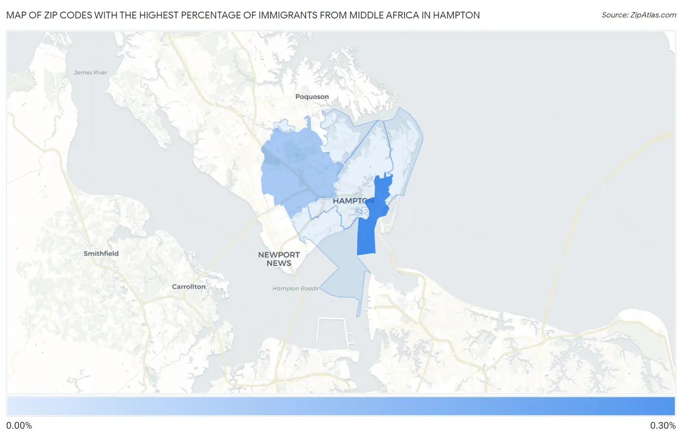 Zip Codes with the Highest Percentage of Immigrants from Middle Africa in Hampton Map