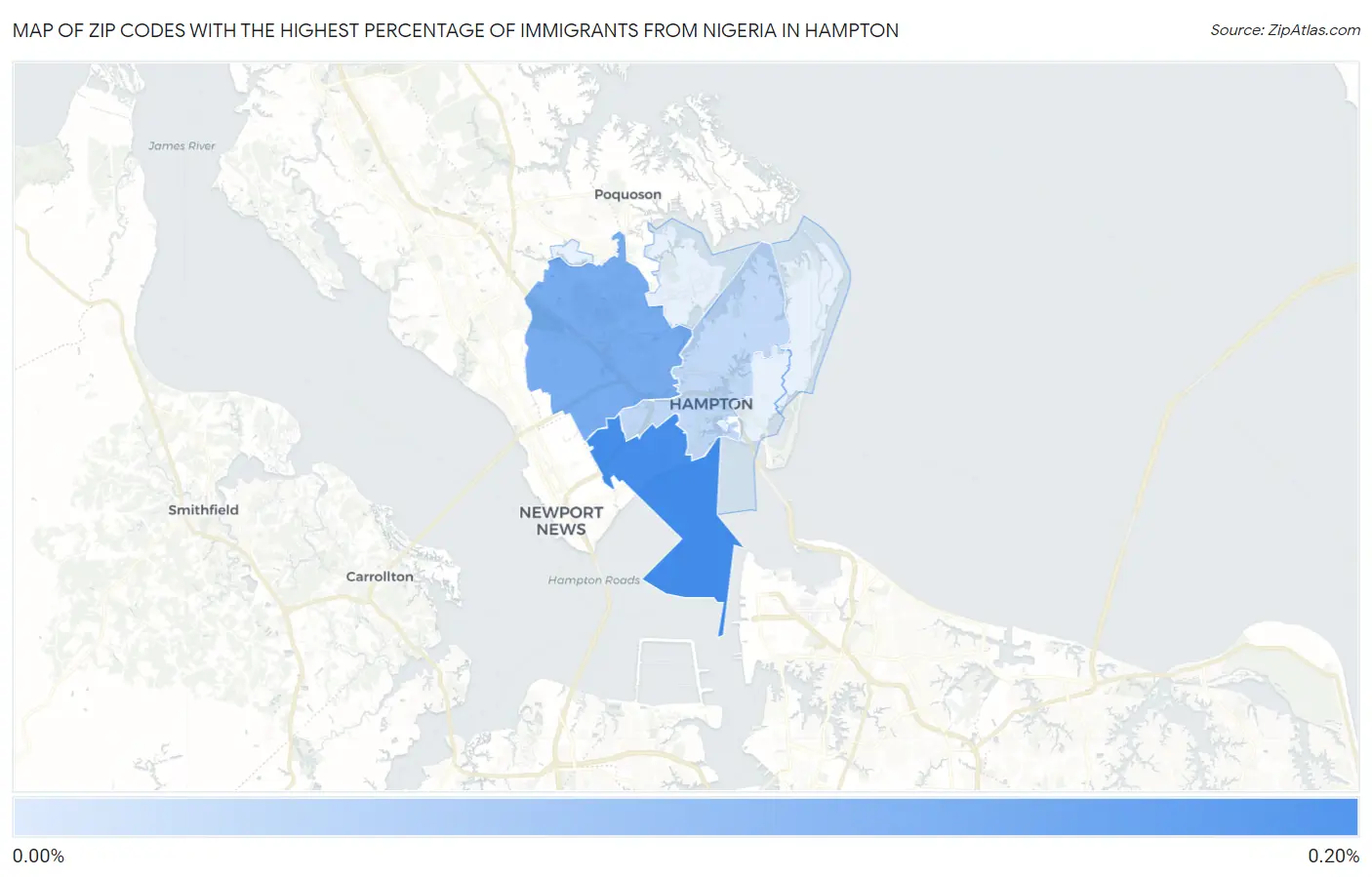 Zip Codes with the Highest Percentage of Immigrants from Nigeria in Hampton Map