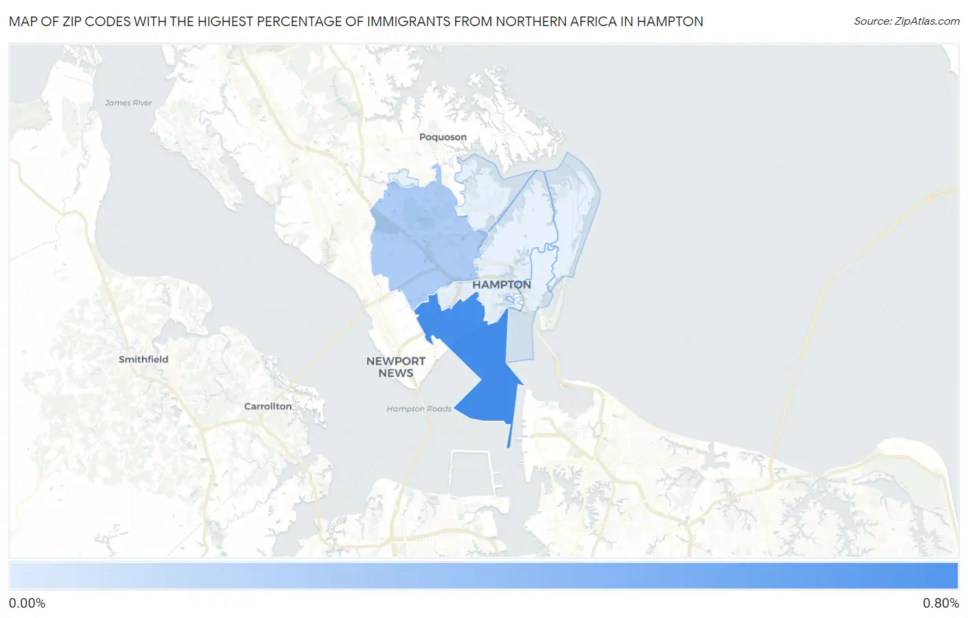Zip Codes with the Highest Percentage of Immigrants from Northern Africa in Hampton Map